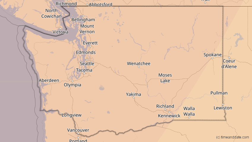 A map of Washington, USA, showing the path of the 16. Feb 2083 Partielle Sonnenfinsternis