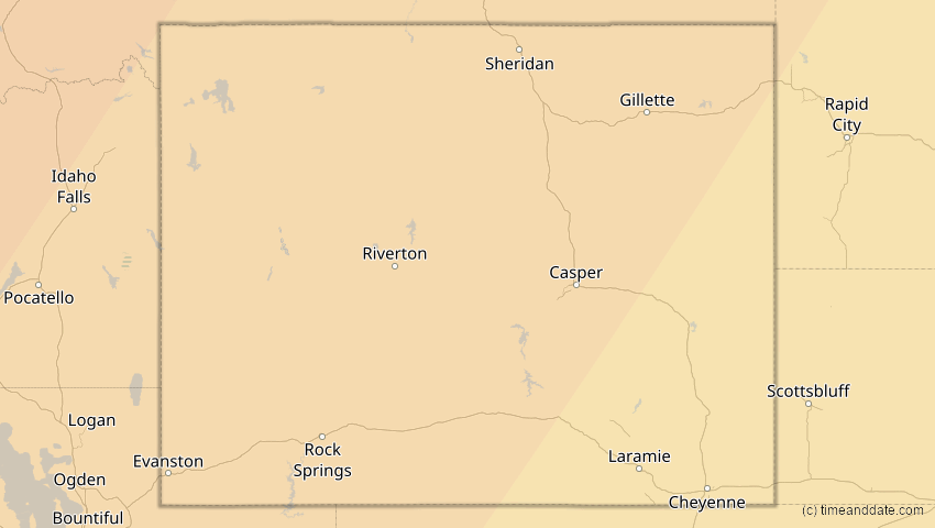 A map of Wyoming, USA, showing the path of the 16. Feb 2083 Partielle Sonnenfinsternis