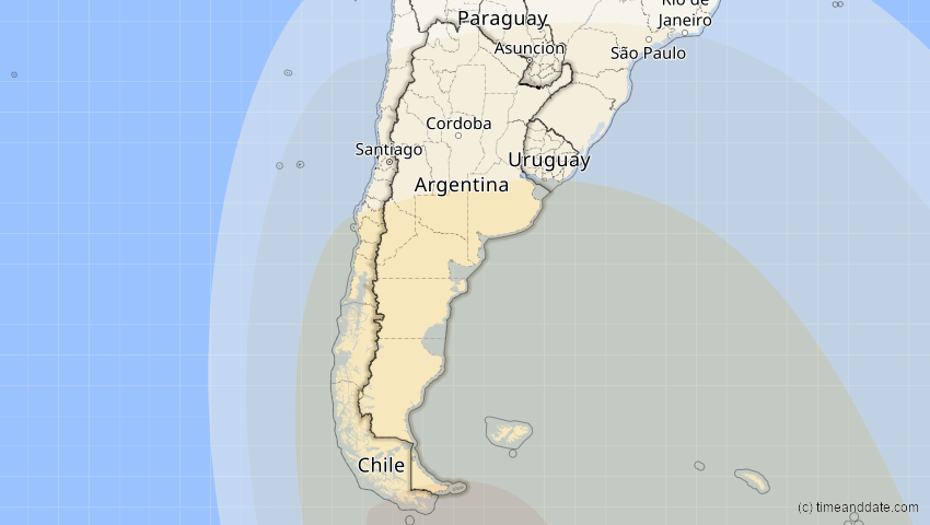 A map of Argentinien, showing the path of the 13. Aug 2083 Partielle Sonnenfinsternis