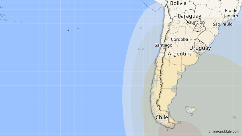 A map of Chile, showing the path of the 13. Aug 2083 Partielle Sonnenfinsternis
