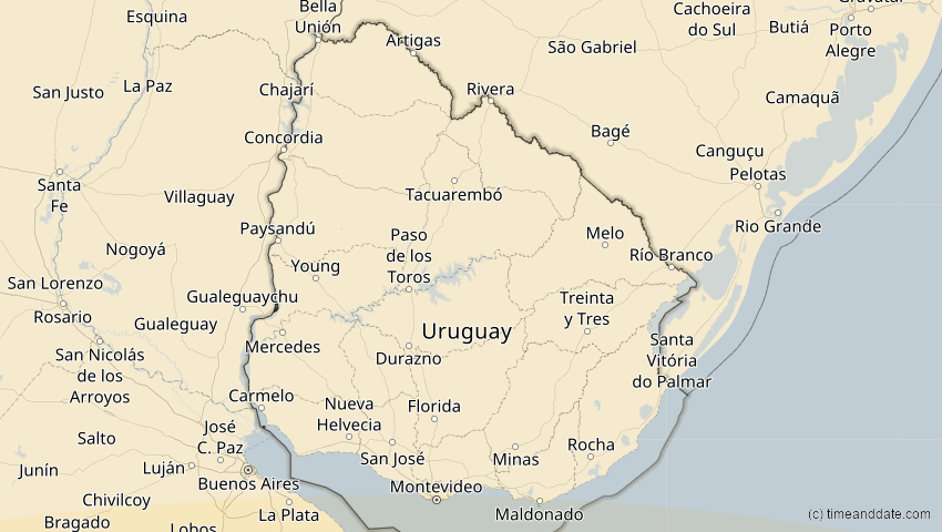 A map of Uruguay, showing the path of the 13. Aug 2083 Partielle Sonnenfinsternis