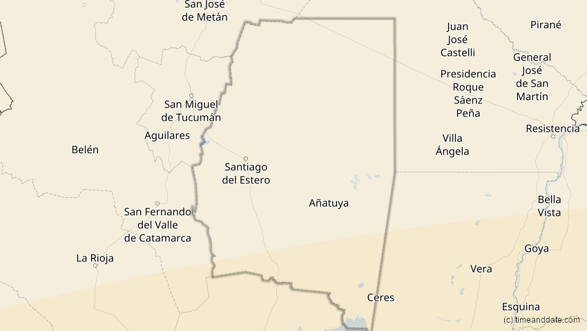 A map of Santiago del Estero, Argentina, showing the path of the 13. aug 2083 Delvis solformørkelse