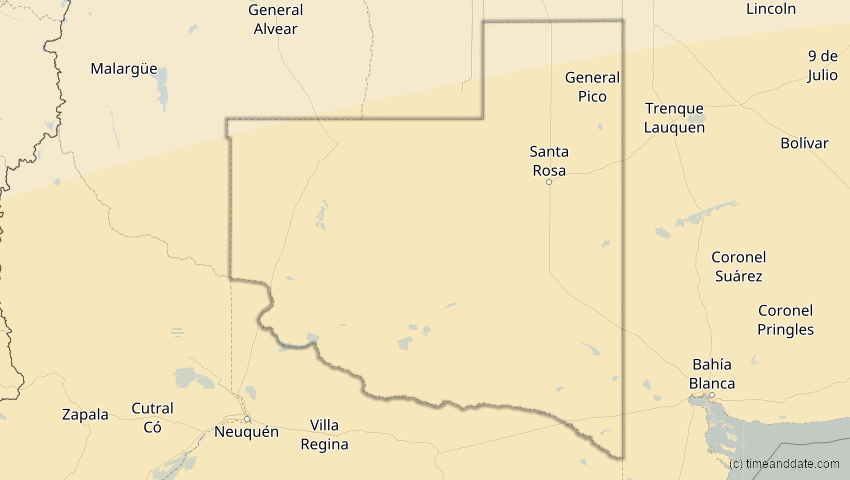 A map of La Pampa, Argentinien, showing the path of the 13. Aug 2083 Partielle Sonnenfinsternis