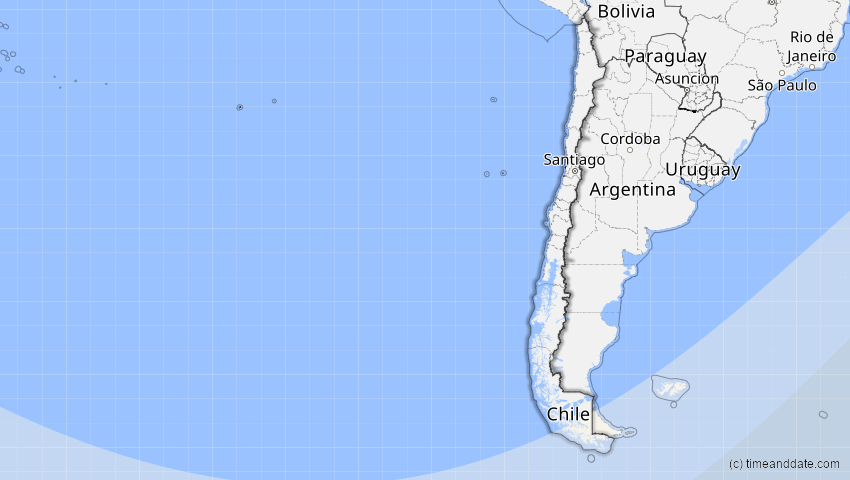 A map of Chile, showing the path of the 7. Jan 2084 Partielle Sonnenfinsternis