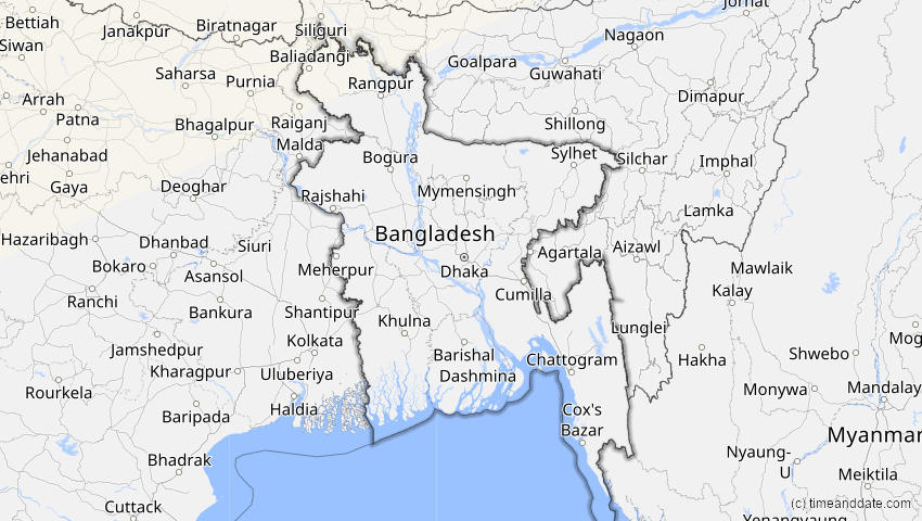 A map of Bangladesch, showing the path of the 3. Jul 2084 Ringförmige Sonnenfinsternis
