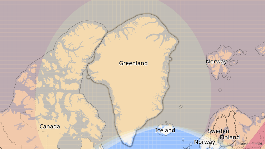 A map of Grönland, showing the path of the 2–3. Jul 2084 Ringförmige Sonnenfinsternis