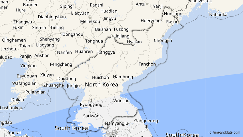 A map of Nordkorea, showing the path of the 3. Jul 2084 Ringförmige Sonnenfinsternis