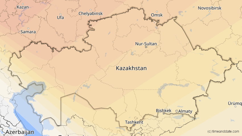 A map of Kasachstan, showing the path of the 3. Jul 2084 Ringförmige Sonnenfinsternis