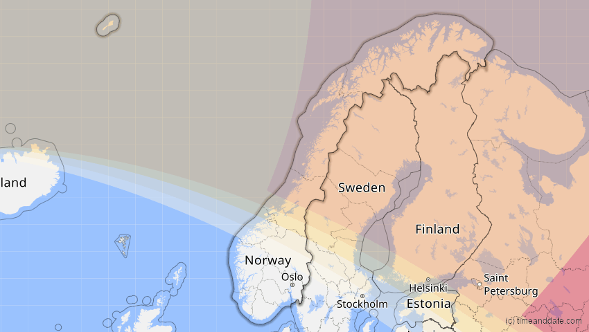 A map of Norwegen, showing the path of the 3. Jul 2084 Ringförmige Sonnenfinsternis