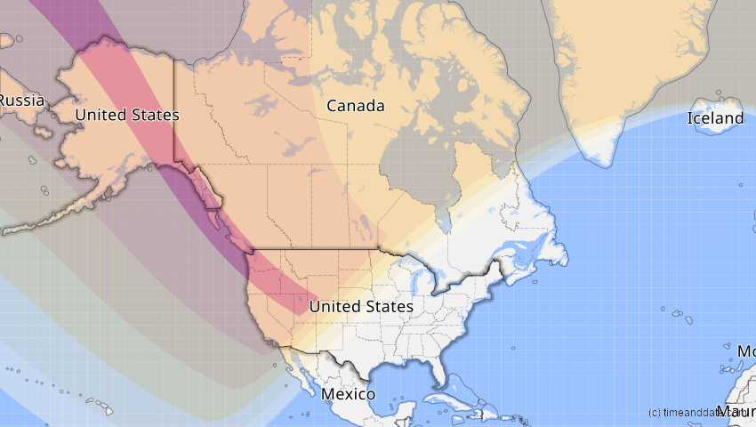 A map of USA, showing the path of the 2–3. Jul 2084 Ringförmige Sonnenfinsternis