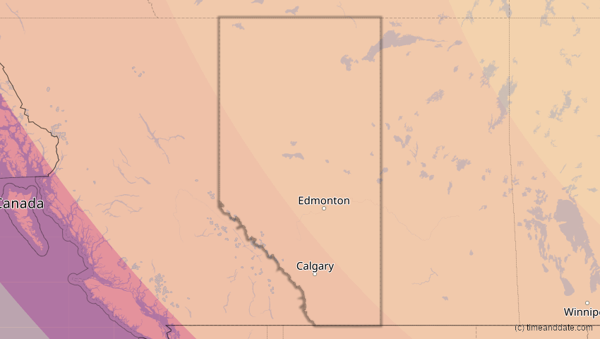 A map of Alberta, Kanada, showing the path of the 2. Jul 2084 Ringförmige Sonnenfinsternis