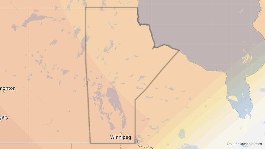 A map of Manitoba, Kanada, showing the path of the 2. Jul 2084 Ringförmige Sonnenfinsternis