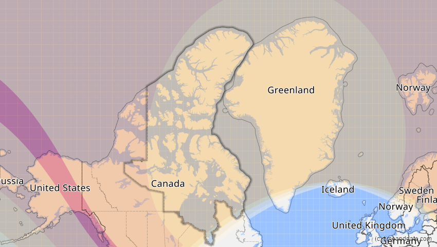 A map of Nunavut, Kanada, showing the path of the 2–3. Jul 2084 Ringförmige Sonnenfinsternis