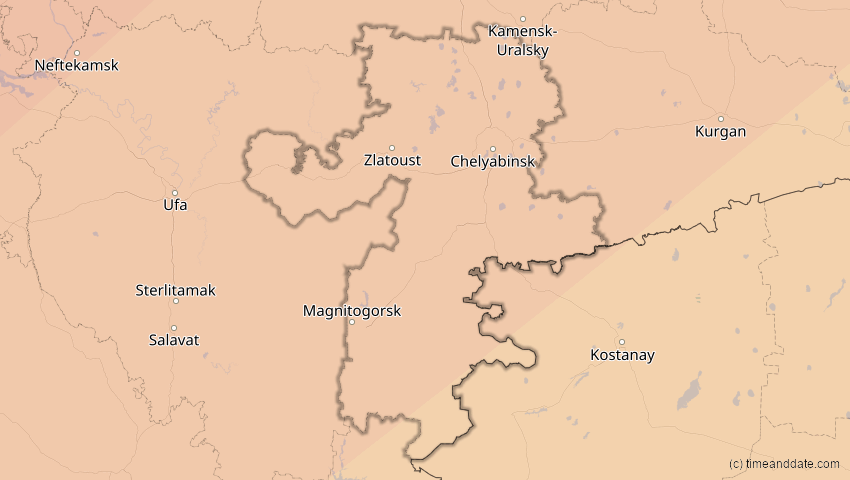 A map of Tscheljabinsk, Russland, showing the path of the 3. Jul 2084 Ringförmige Sonnenfinsternis