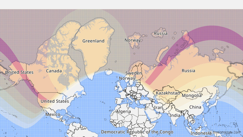 A map of Tschukotka, Russland, showing the path of the 3. Jul 2084 Ringförmige Sonnenfinsternis