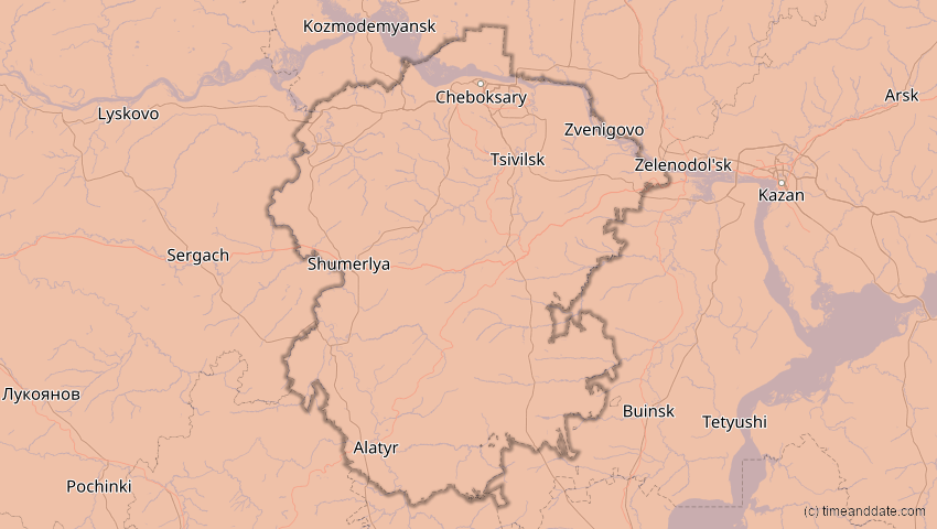 A map of Tschuwaschien, Russland, showing the path of the 3. Jul 2084 Ringförmige Sonnenfinsternis