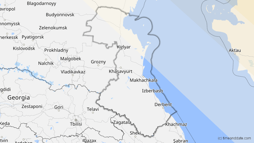 A map of Dagestan, Russland, showing the path of the 3. Jul 2084 Ringförmige Sonnenfinsternis