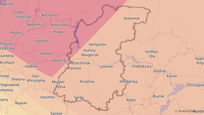 A map of Nischni Nowgorod, Russland, showing the path of the 3. Jul 2084 Ringförmige Sonnenfinsternis