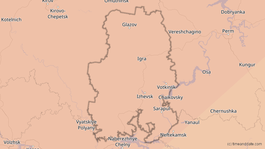 A map of Udmurtien, Russland, showing the path of the 3. Jul 2084 Ringförmige Sonnenfinsternis