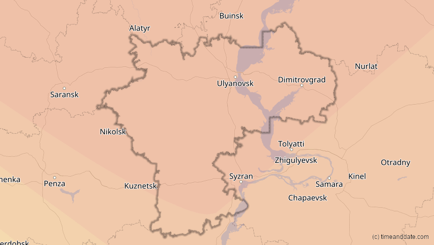 A map of Uljanowsk, Russland, showing the path of the 3. Jul 2084 Ringförmige Sonnenfinsternis