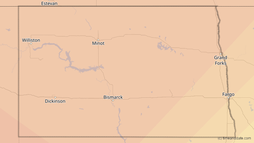 A map of North Dakota, USA, showing the path of the 2. Jul 2084 Ringförmige Sonnenfinsternis