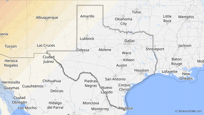 A map of Texas, USA, showing the path of the 2. Jul 2084 Ringförmige Sonnenfinsternis