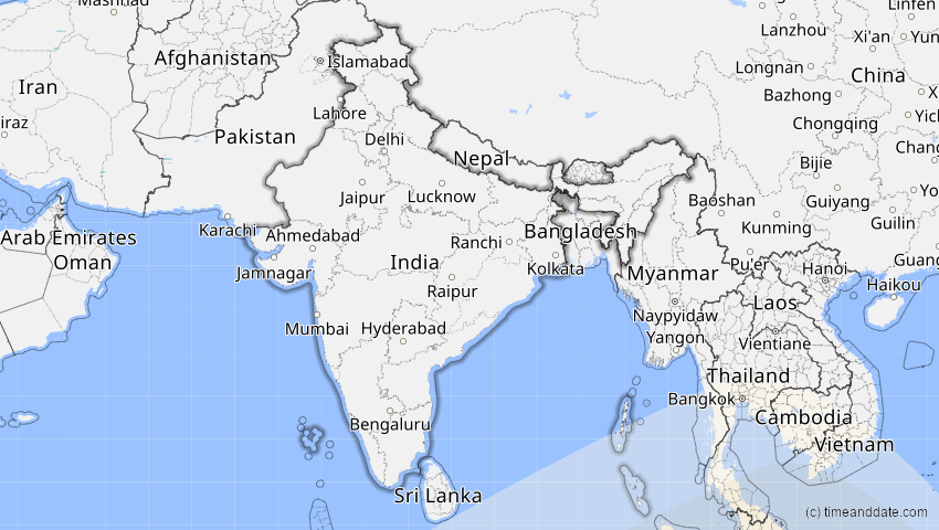 A map of Indien, showing the path of the 27. Dez 2084 Totale Sonnenfinsternis