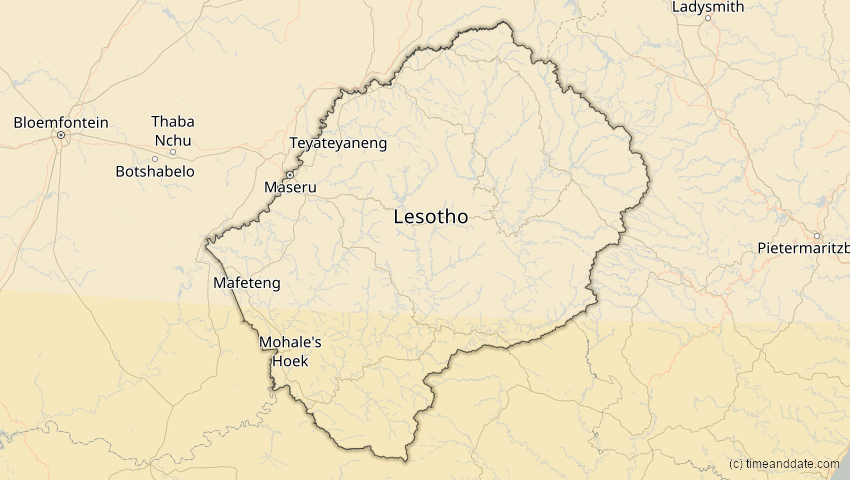 A map of Lesotho, showing the path of the 27. Dez 2084 Totale Sonnenfinsternis