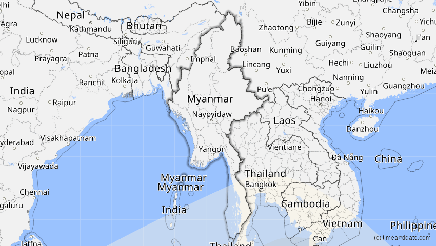 A map of Myanmar, showing the path of the 27. Dez 2084 Totale Sonnenfinsternis