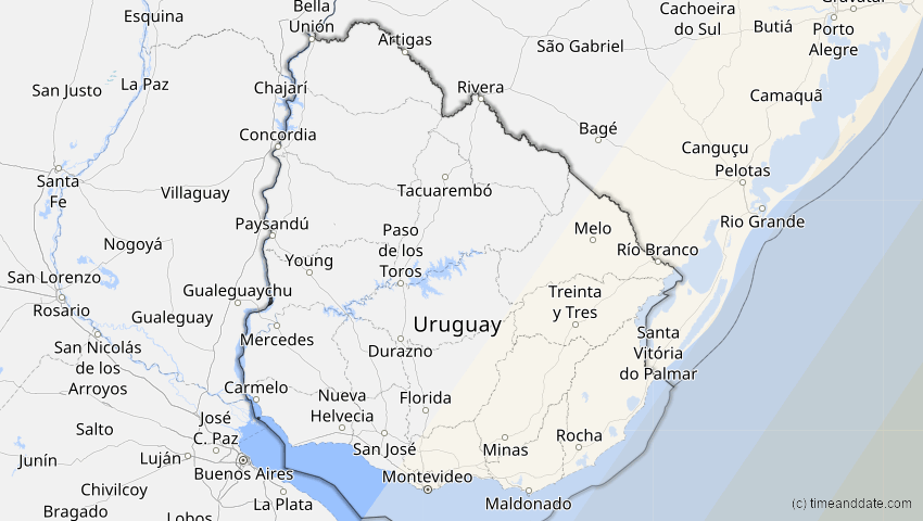 A map of Uruguay, showing the path of the 27. Dez 2084 Totale Sonnenfinsternis