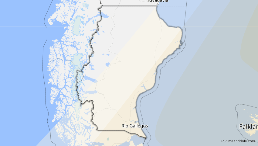 A map of Santa Cruz, Argentinien, showing the path of the 27. Dez 2084 Totale Sonnenfinsternis