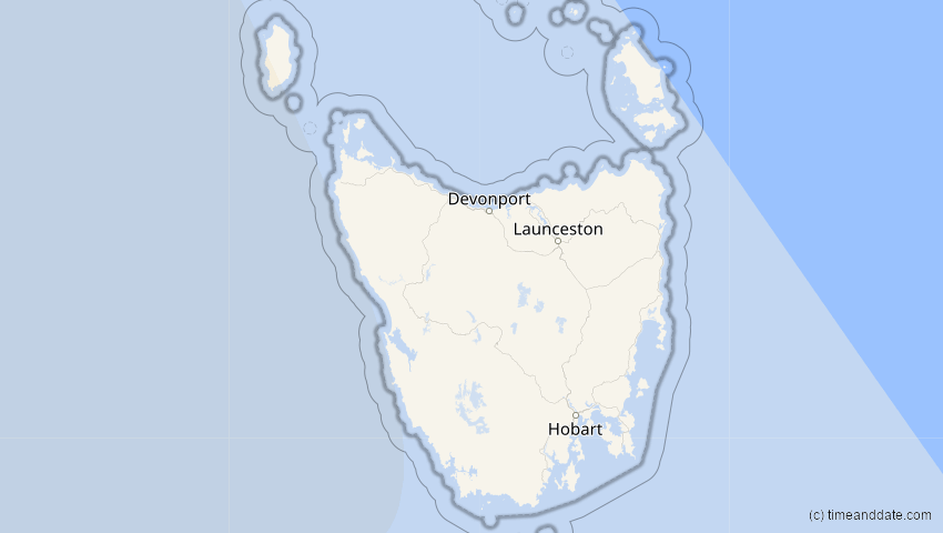 A map of Tasmanien, Australien, showing the path of the 27. Dez 2084 Totale Sonnenfinsternis