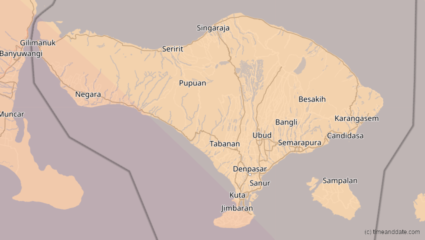A map of Bali, Indonesien, showing the path of the 27. Dez 2084 Totale Sonnenfinsternis