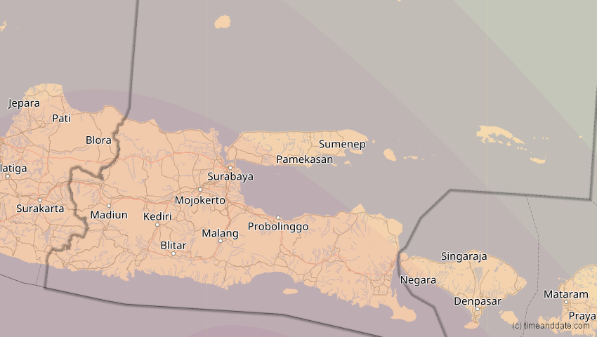 A map of Jawa Timur, Indonesien, showing the path of the 27. Dez 2084 Totale Sonnenfinsternis