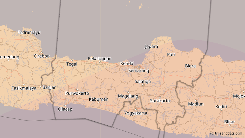 A map of Jawa Tengah, Indonesien, showing the path of the 27. Dez 2084 Totale Sonnenfinsternis