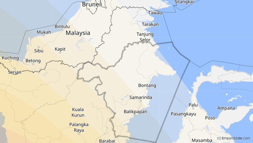A map of Kalimantan Timur, Indonesien, showing the path of the 27. Dez 2084 Totale Sonnenfinsternis