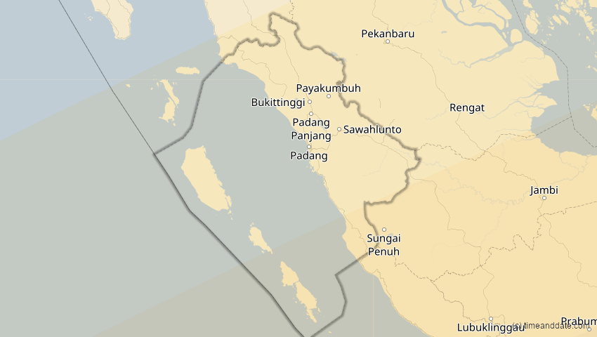 A map of Sumatera Barat, Indonesien, showing the path of the 27. Dez 2084 Totale Sonnenfinsternis