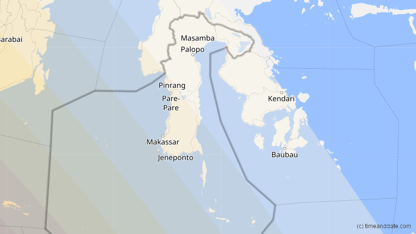 A map of Sulawesi Selatan, Indonesien, showing the path of the 27. Dez 2084 Totale Sonnenfinsternis