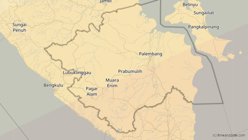 A map of Sumatera Selatan, Indonesien, showing the path of the 27. Dez 2084 Totale Sonnenfinsternis