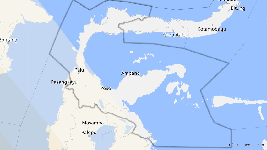 A map of Sulawesi Tengah, Indonesien, showing the path of the 27. Dez 2084 Totale Sonnenfinsternis