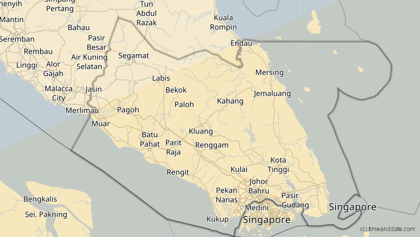 A map of Johor, Malaysia, showing the path of the 27. Dez 2084 Totale Sonnenfinsternis