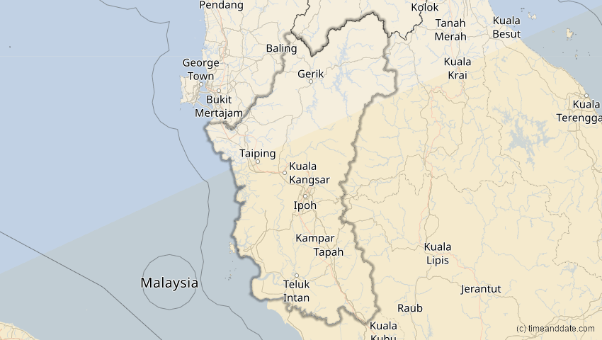 A map of Perak, Malaysia, showing the path of the 27. Dez 2084 Totale Sonnenfinsternis
