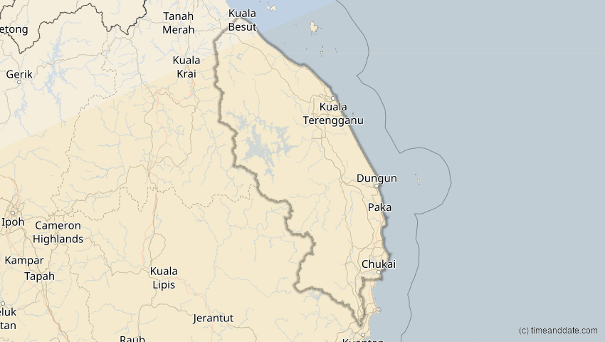 A map of Terengganu, Malaysia, showing the path of the 27. Dez 2084 Totale Sonnenfinsternis