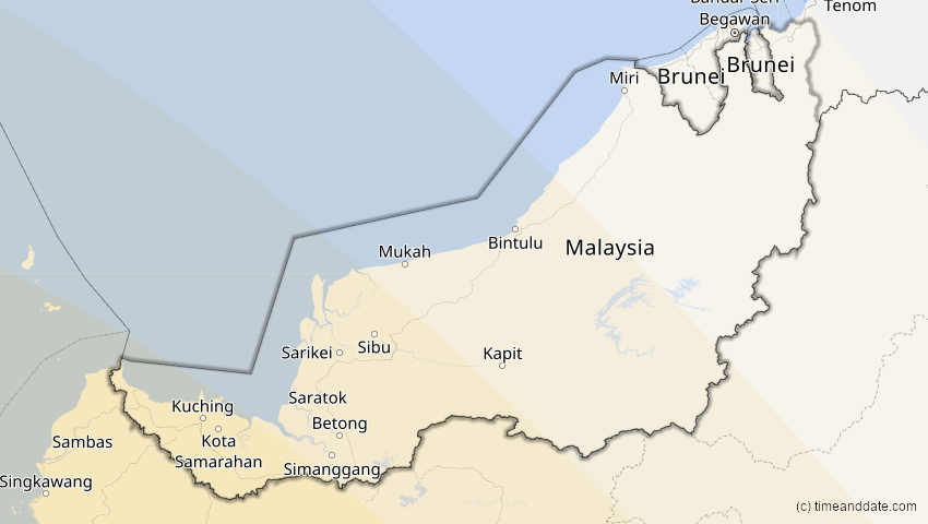 A map of Sarawak, Malaysia, showing the path of the 27. Dez 2084 Totale Sonnenfinsternis