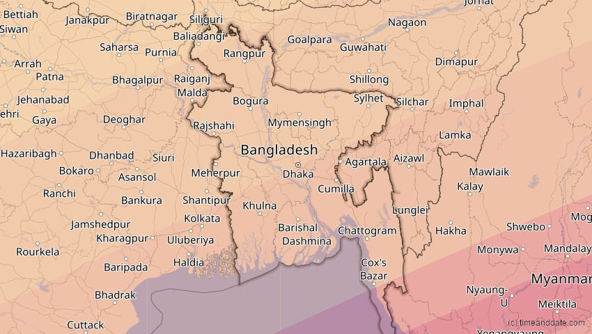 A map of Bangladesch, showing the path of the 22. Jun 2085 Ringförmige Sonnenfinsternis