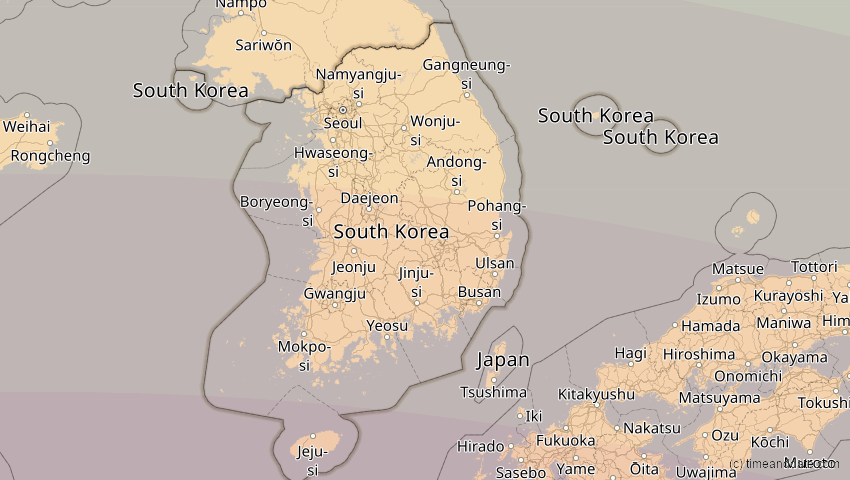 A map of Südkorea, showing the path of the 22. Jun 2085 Ringförmige Sonnenfinsternis