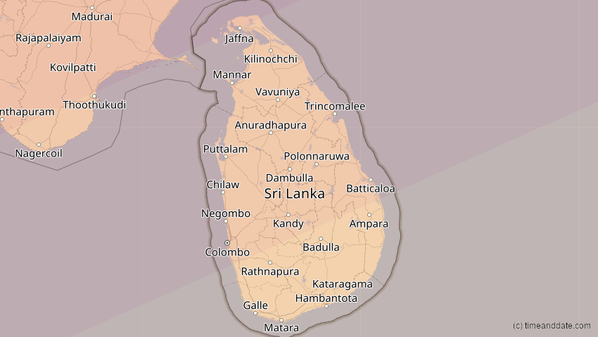 A map of Sri Lanka, showing the path of the 22. Jun 2085 Ringförmige Sonnenfinsternis
