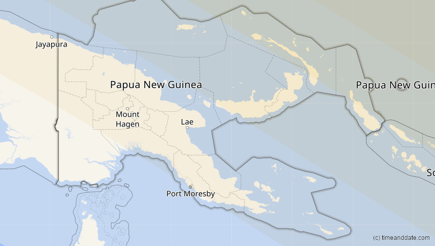 A map of Papua-Neuguinea, showing the path of the 22. Jun 2085 Ringförmige Sonnenfinsternis