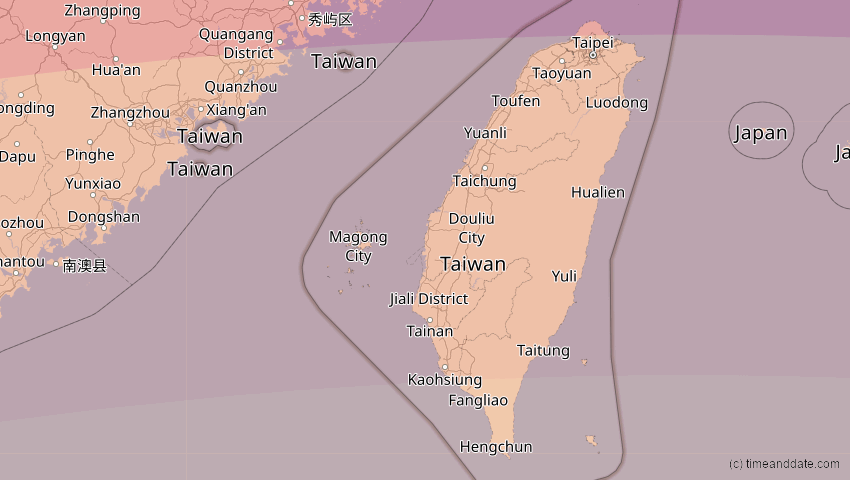 A map of Taiwan, showing the path of the 22. Jun 2085 Ringförmige Sonnenfinsternis