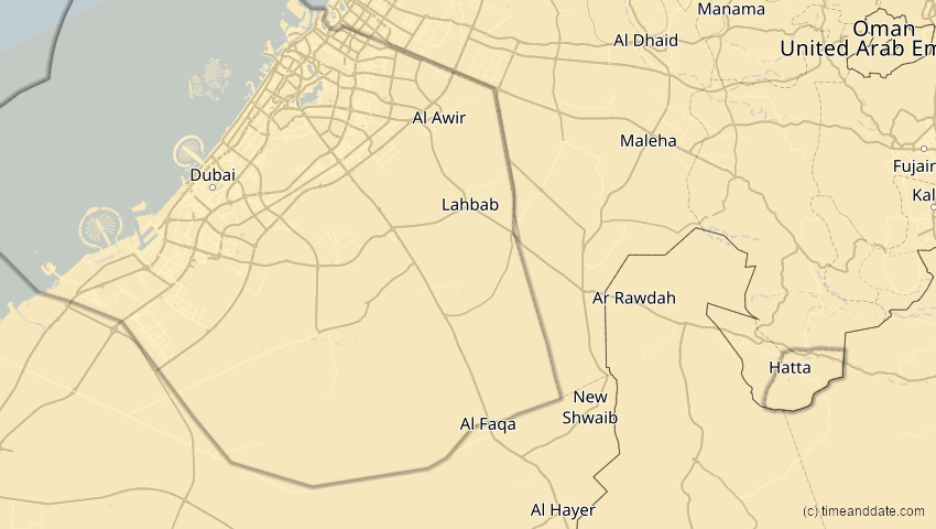 A map of Dubai, Vereinigte Arabische Emirate, showing the path of the 22. Jun 2085 Ringförmige Sonnenfinsternis